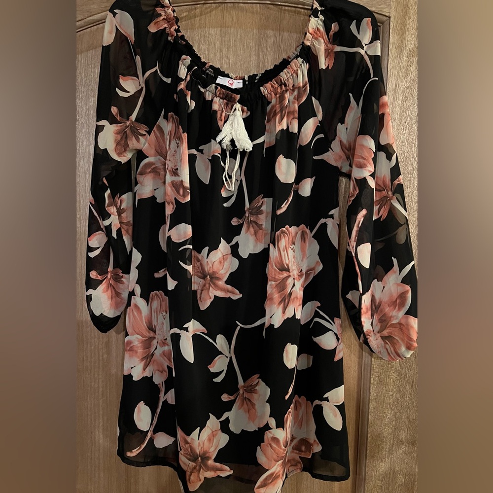 Q Mini Dress Women Large  Black Floral Off-Shoulder SHORT Dress